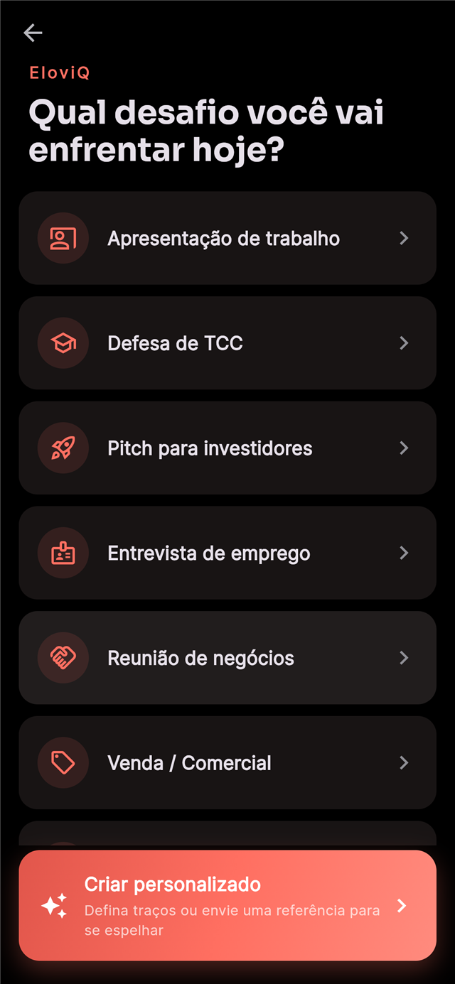 Tela de escolha de desafio: apresentação de trabalho, defesa de TCC, pitch, entrevista de emprego e outros
