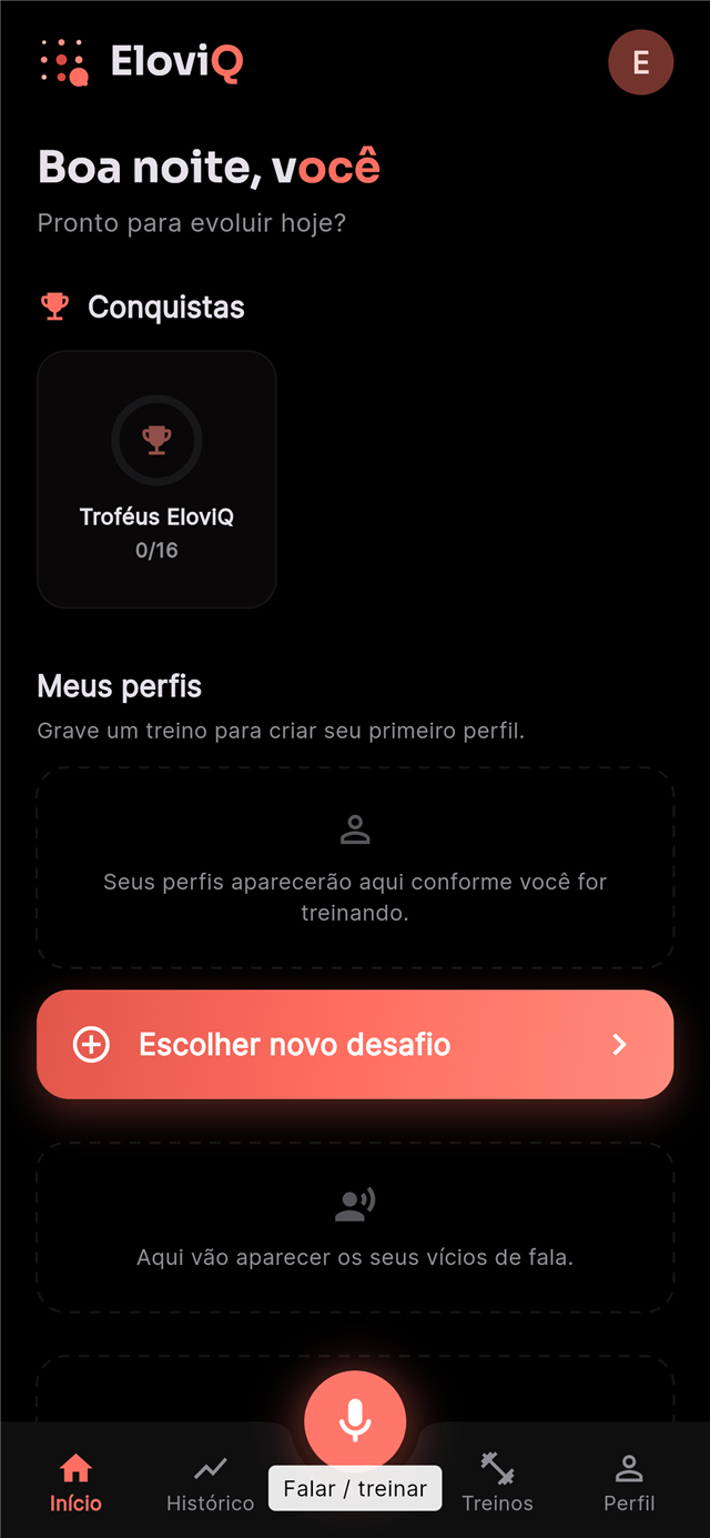 Tela inicial do EloviQ, com conquistas, perfis e o botão de escolher um novo desafio