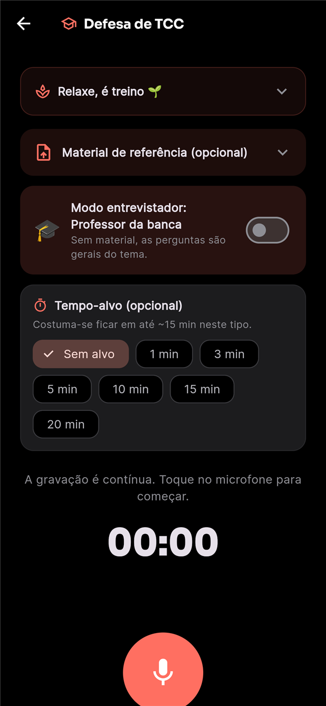 Tela de gravação da defesa de TCC, com modo entrevistador, material de referência e tempo-alvo
