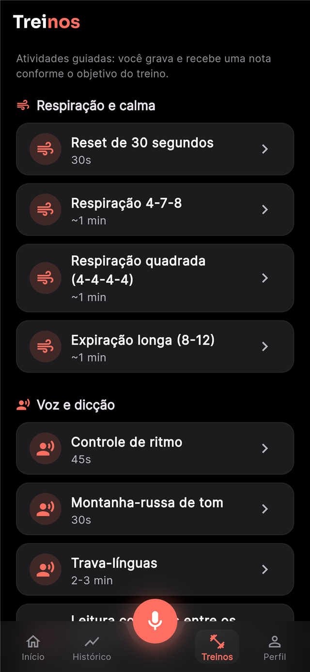 Tela de treinos guiados: respiração e calma, voz e dicção, com exercícios curtos